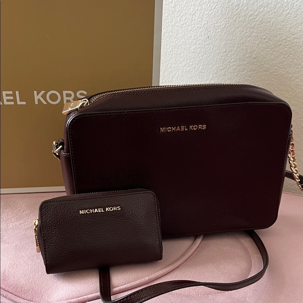 Michael Kors Dark Red Crossbody and Wallet Set